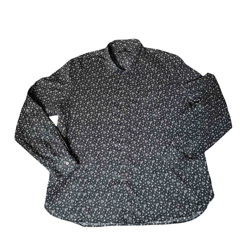 Mens John Varvatos Slim Fit Long Sleeve Sport Shirt Black Floral Cotton Size XXL
